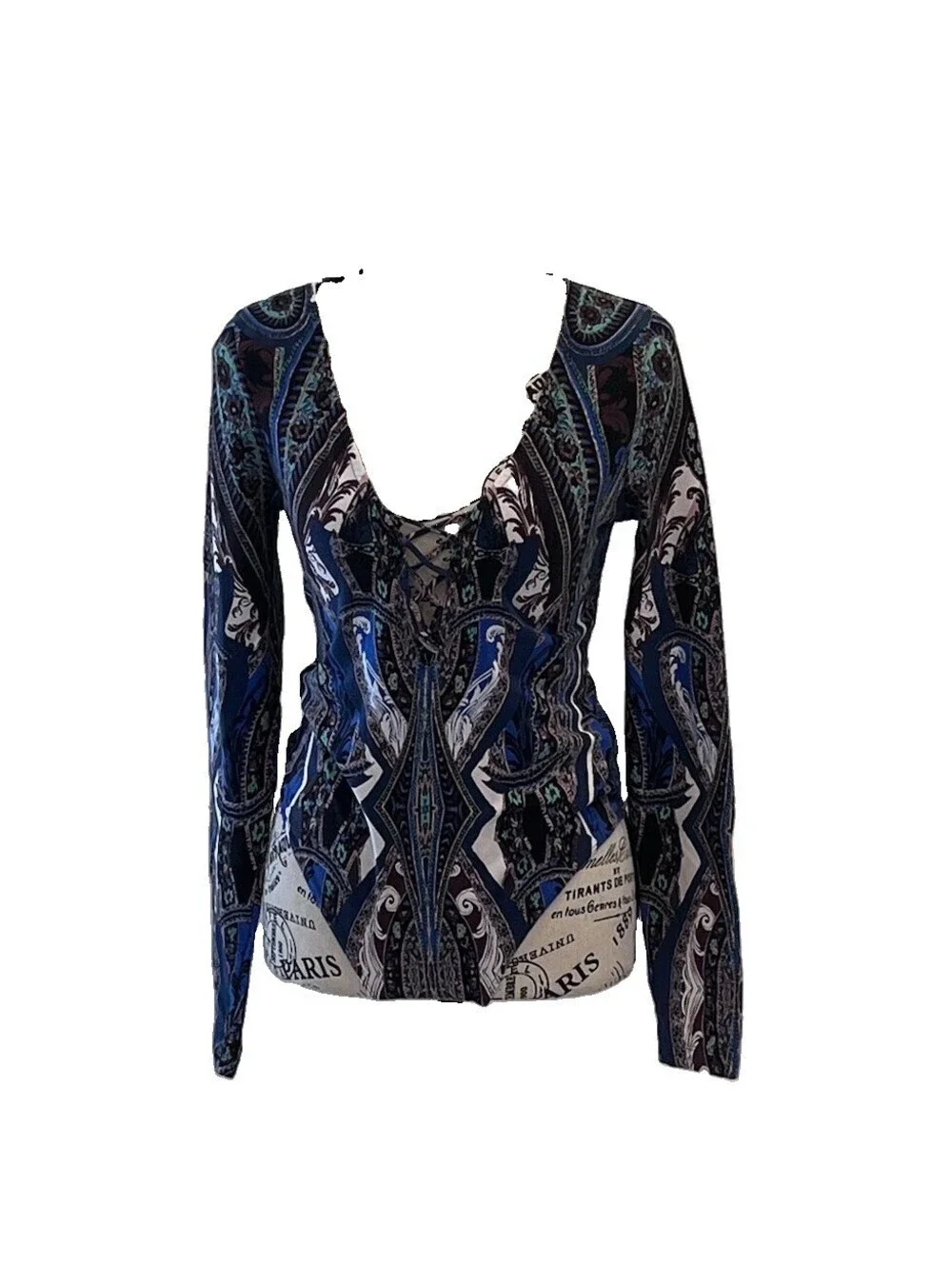Free People Paisley Thong Bodysuit M Lace Up Long Sleeve Y2K Boho Whimsigoth